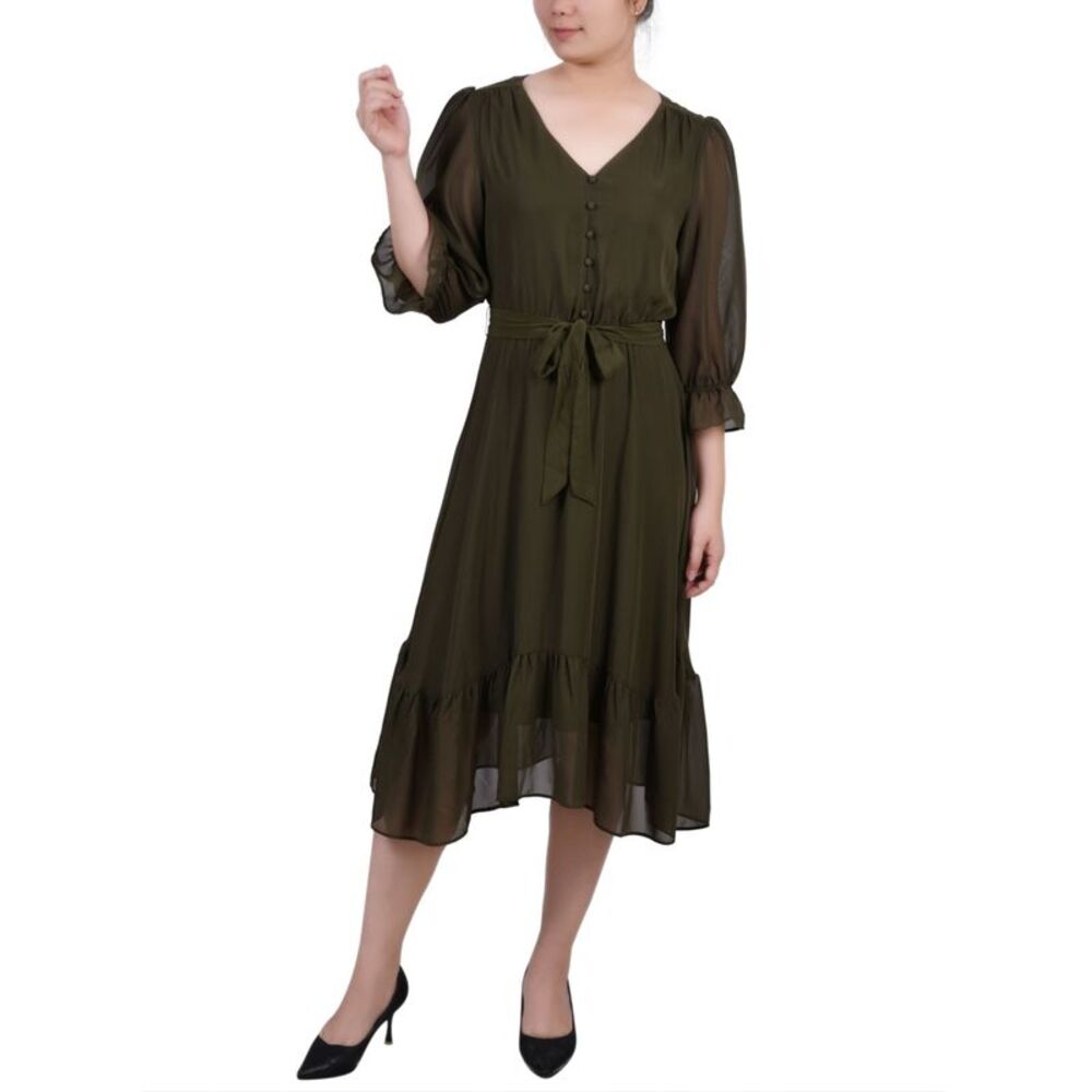 NY Collection Petite 3/4 Sleeve V Neck Flounced Dress